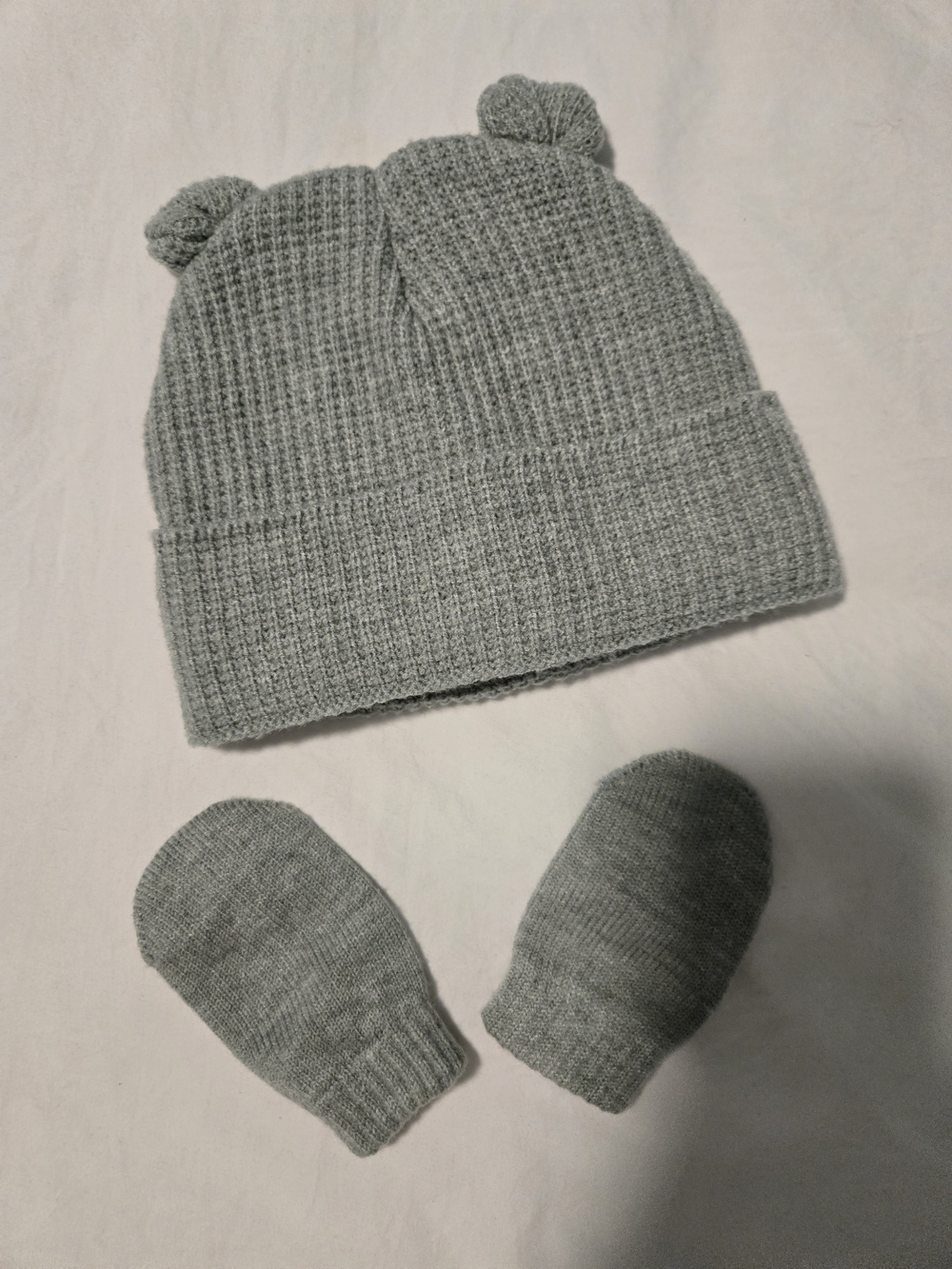 Soft sage Green Knit Bear-Ear Beanie with Matching Mittens Baby 12M